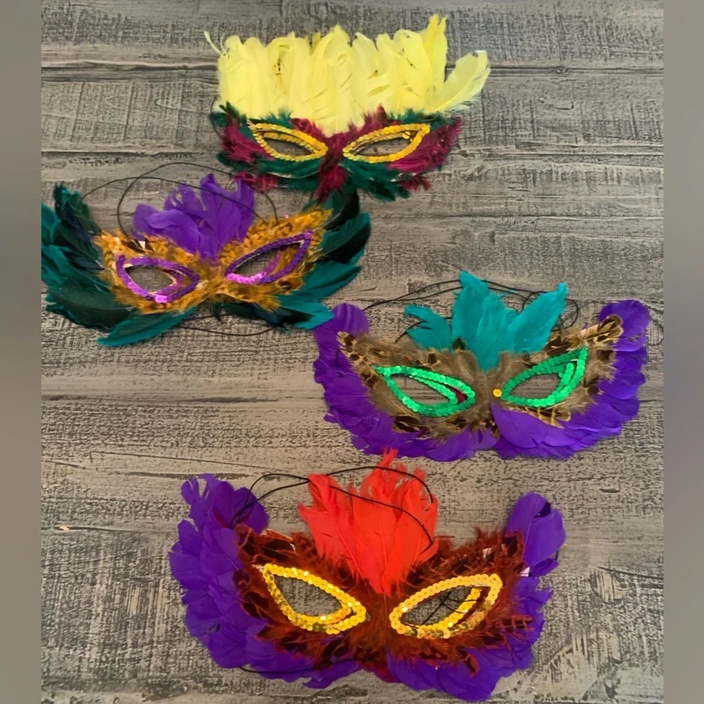 Mardi Gras Masks 8 Feathered Sequin Elastic Band Colorful Cute Bright Masquerade